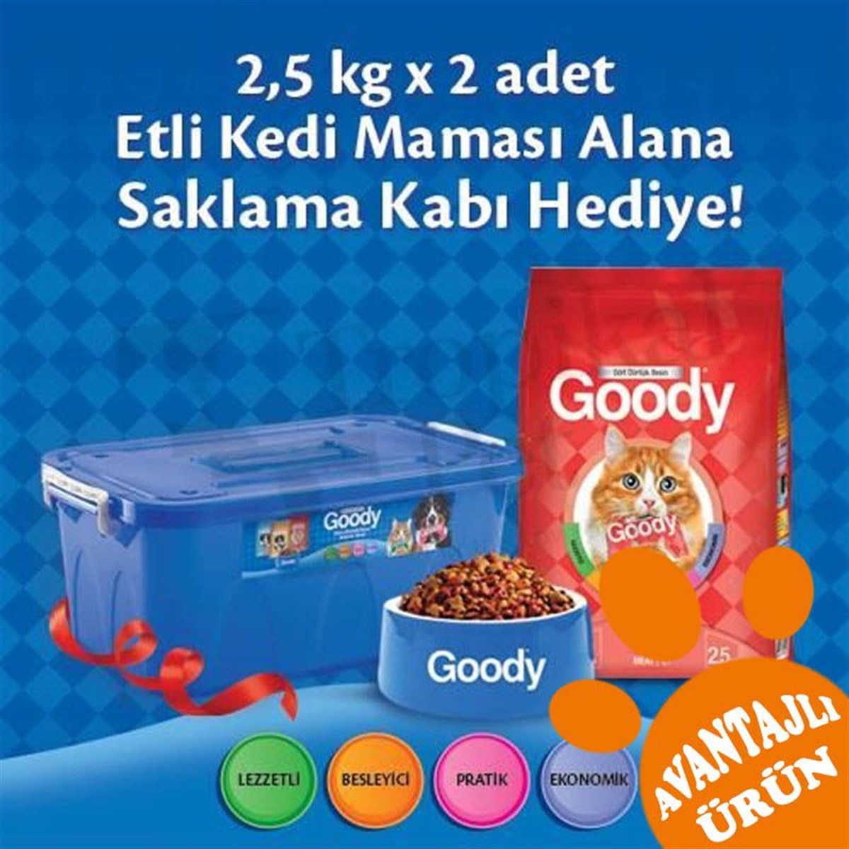 Goody Etli Yetişkin Kedi Maması 2 X 2,5 Kg (Saklama Kabı Hediyeli)