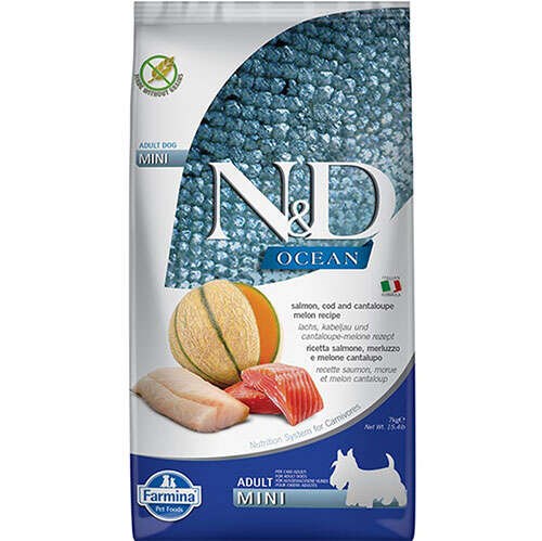 N&D Ocean Somon & Morina Balıklı Kavunlu Mini Adult Tahılsız Küçük Irk Yetişkin Köpek Maması 7 Kg