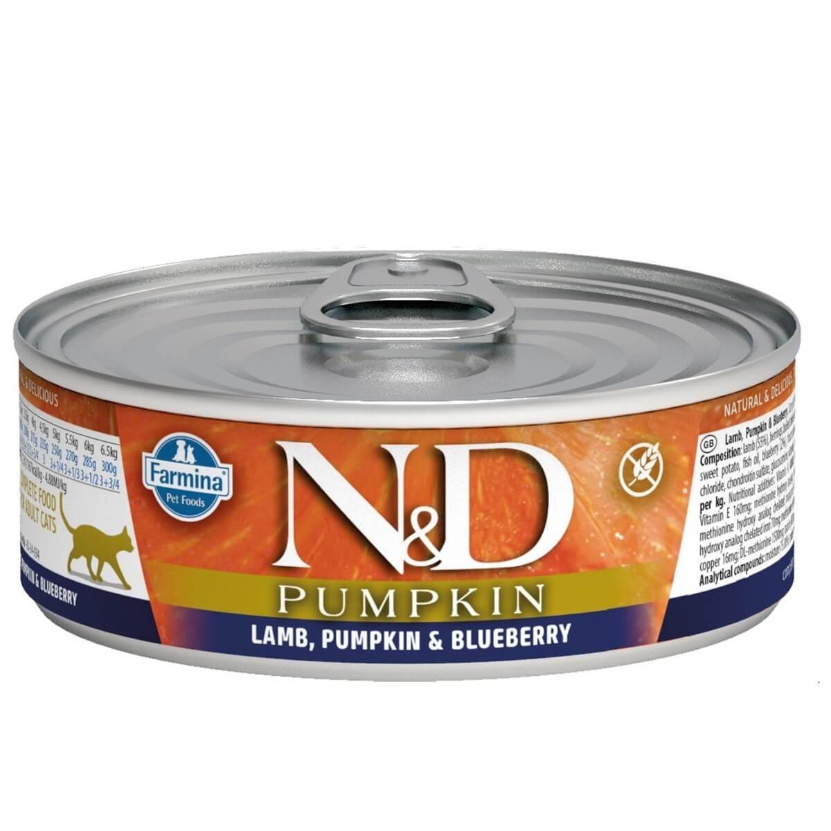 N&D Pumpkin Balkabaklı Kuzu Etli ve Yaban Mersinli Tahılsız Yetişkin Kedi Konservesi 70 Gr