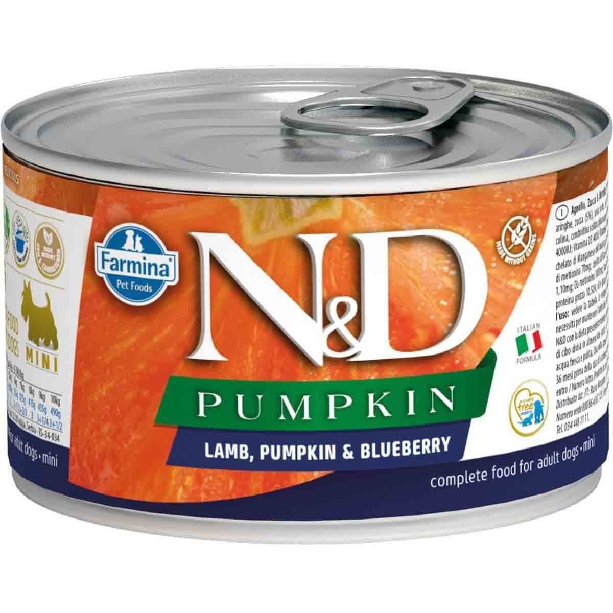 N&D Pumpkin Mini Adult Balkabaklı Kuzu Etli ve Yaban Mersinli Tahılsız Köpek Konservesi 140 Gr