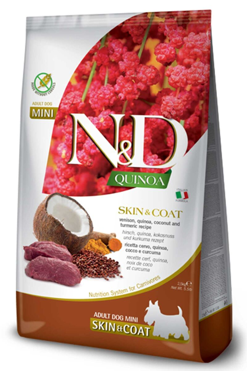 ND Quinoa Skin Coat Tahılsız Geyik Etli Mini Adult Küçük Irk Yetişkin Köpek Maması 2,5 Kg