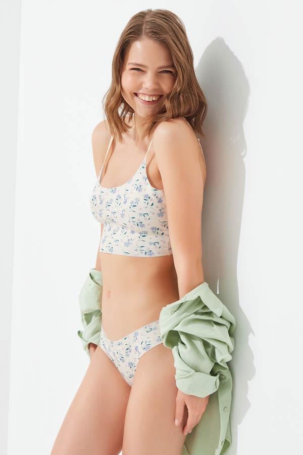 Krem Çiçek Desenli Klasik Basic Lazer Kesim Kadın Bikini Külot CH6102
