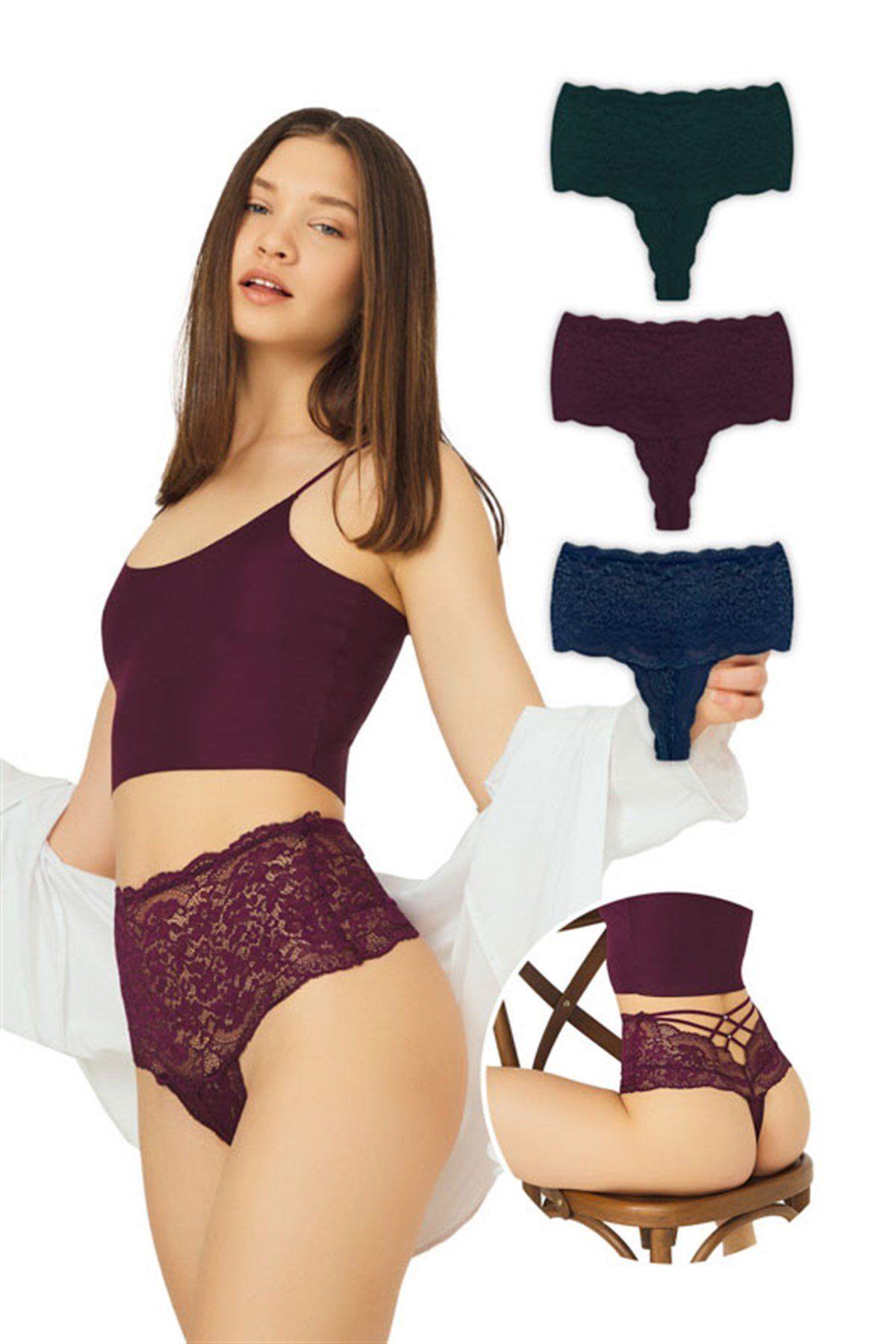 High Waisted Lace Women Thong with Criss Cross Back and Rhinestone Detail CH6019