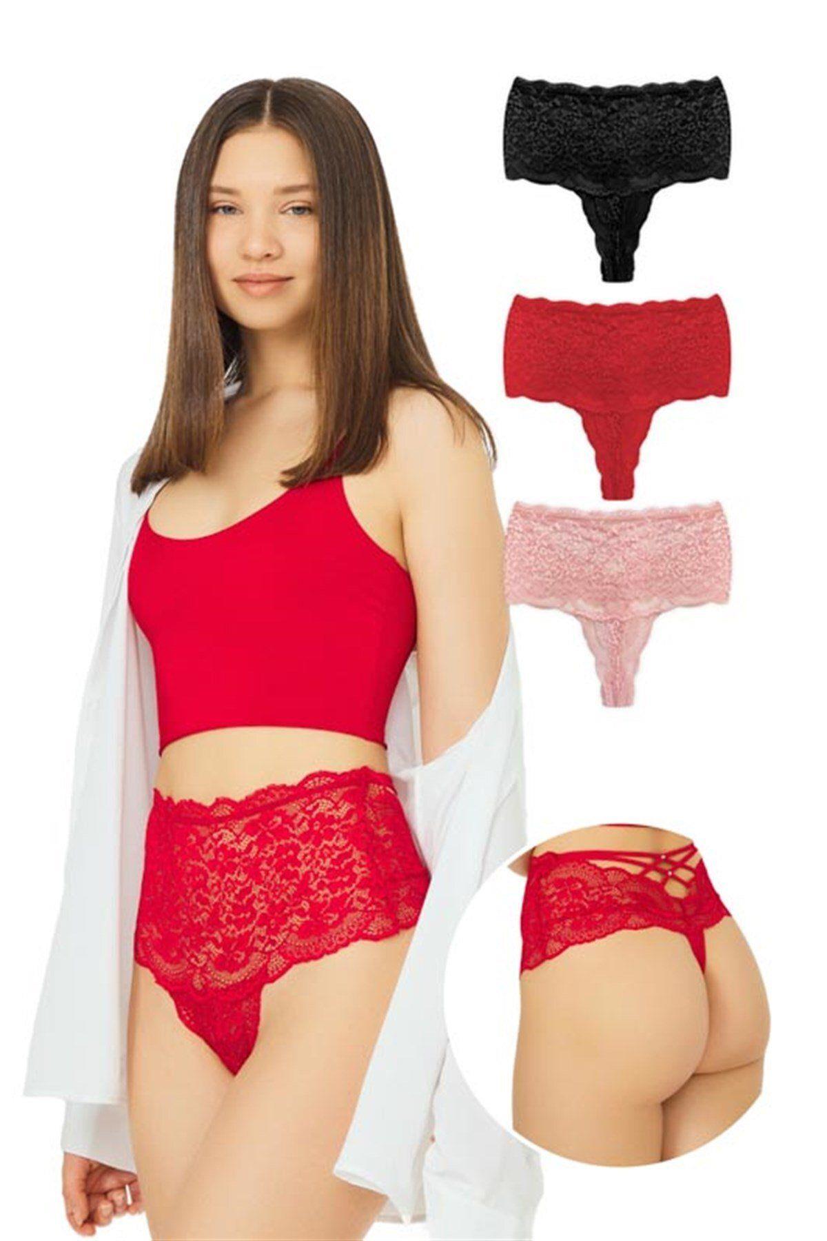 High Waisted Lace Women Thong with Criss Cross Back and Rhinestone Detail CH6019