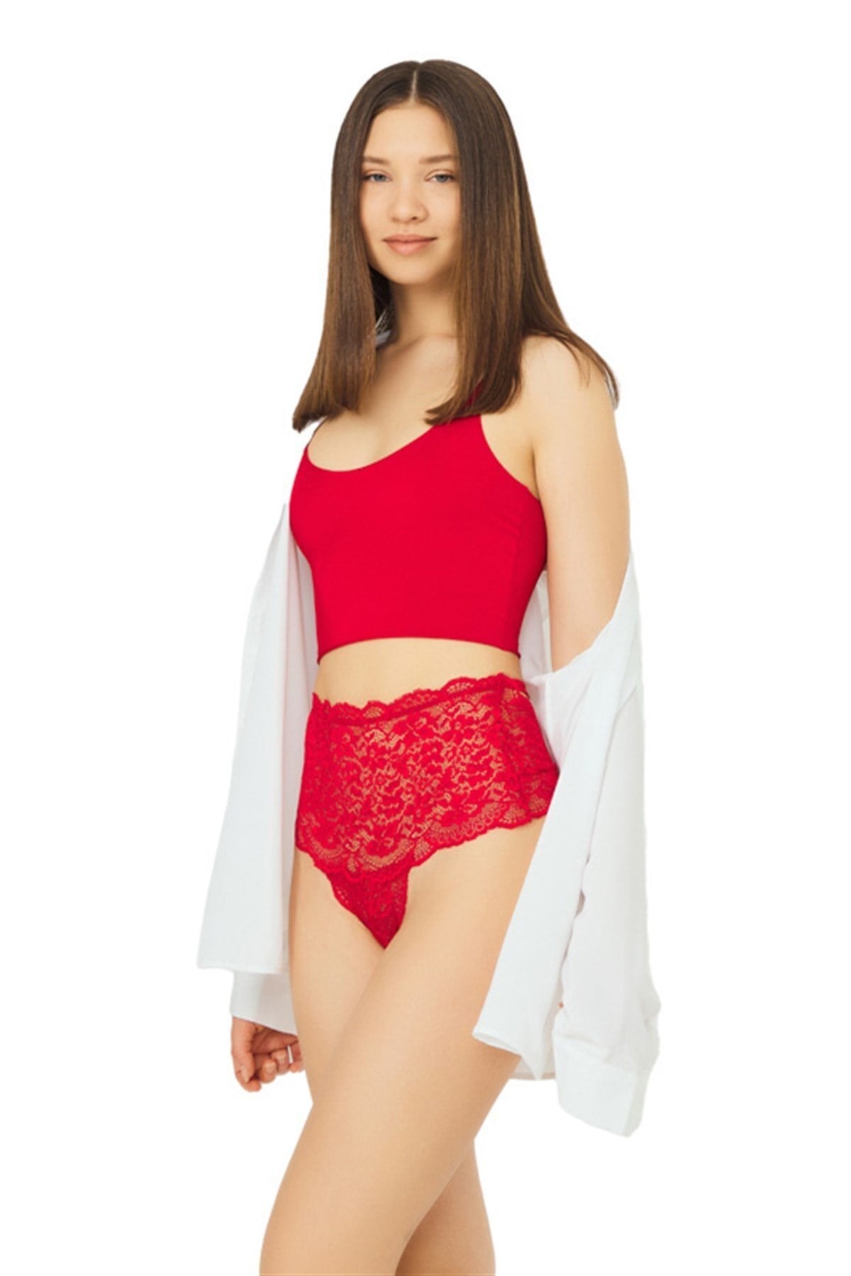 High Waisted Lace Women Thong with Criss Cross Back and Rhinestone Detail CH6019
