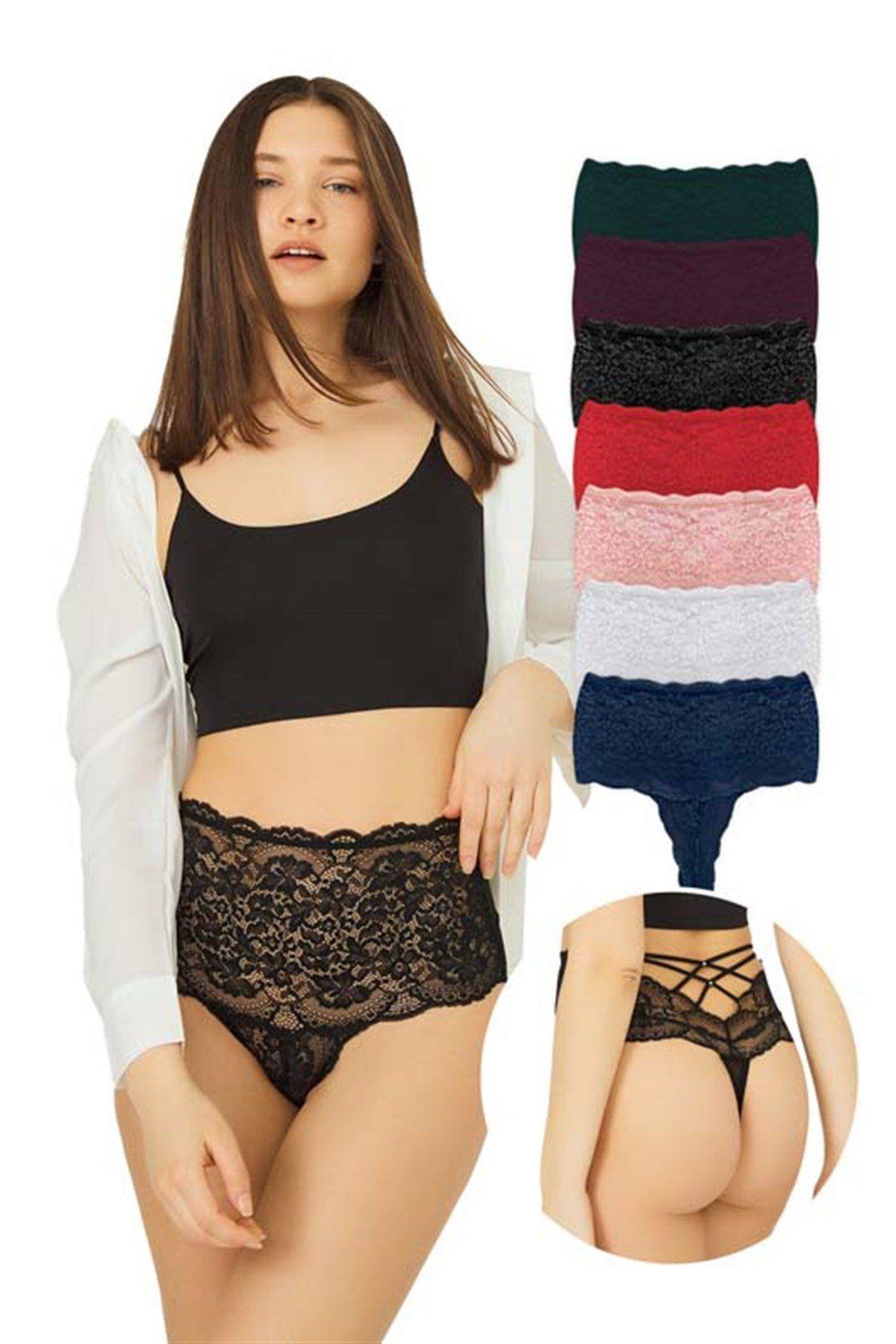 High Waisted Lace Women Thong with Criss Cross Back and Rhinestone Detail CH6019