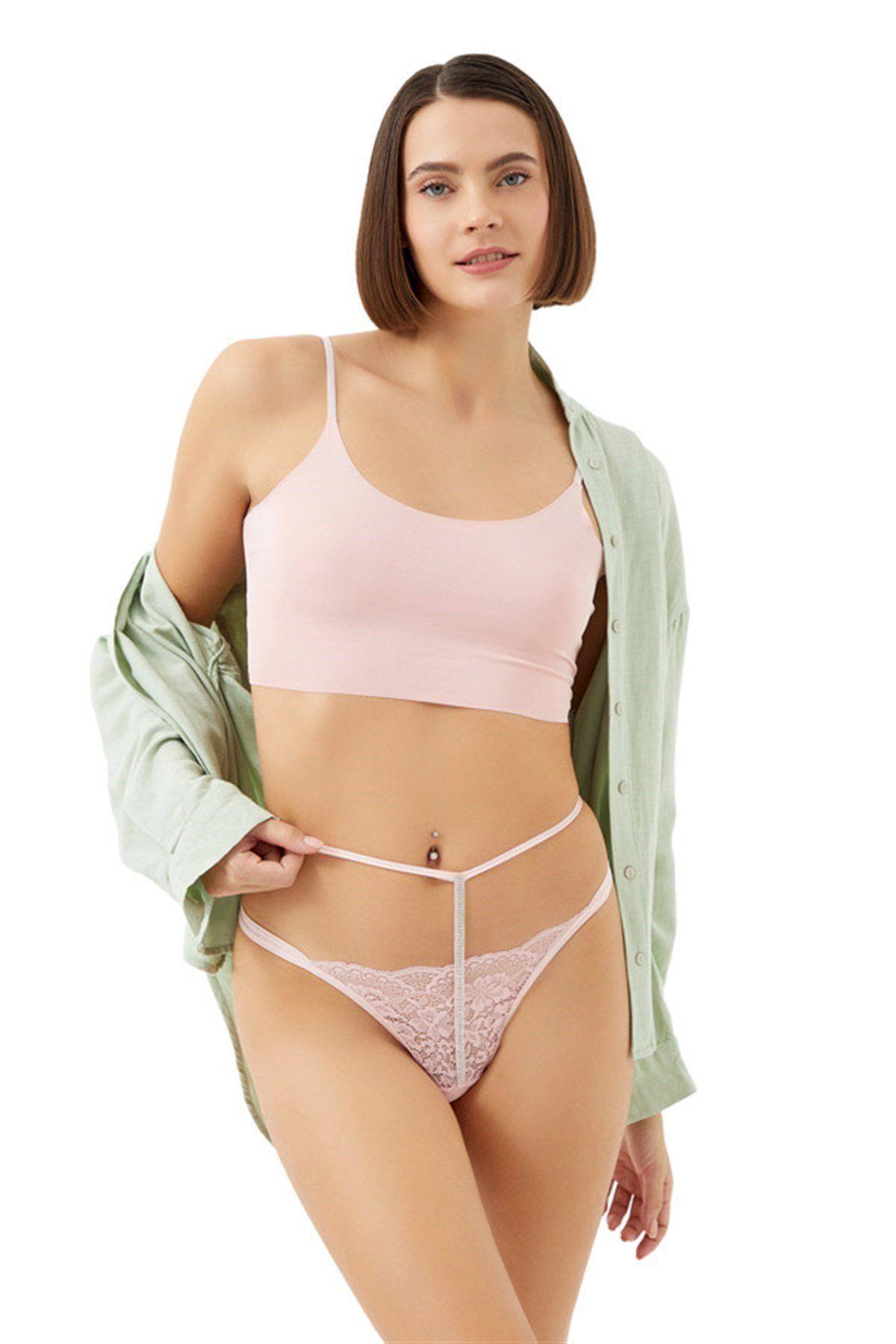 Lace Waistband and Rhinestone Detailed Women Thong with Adjustable Waistband CH6122