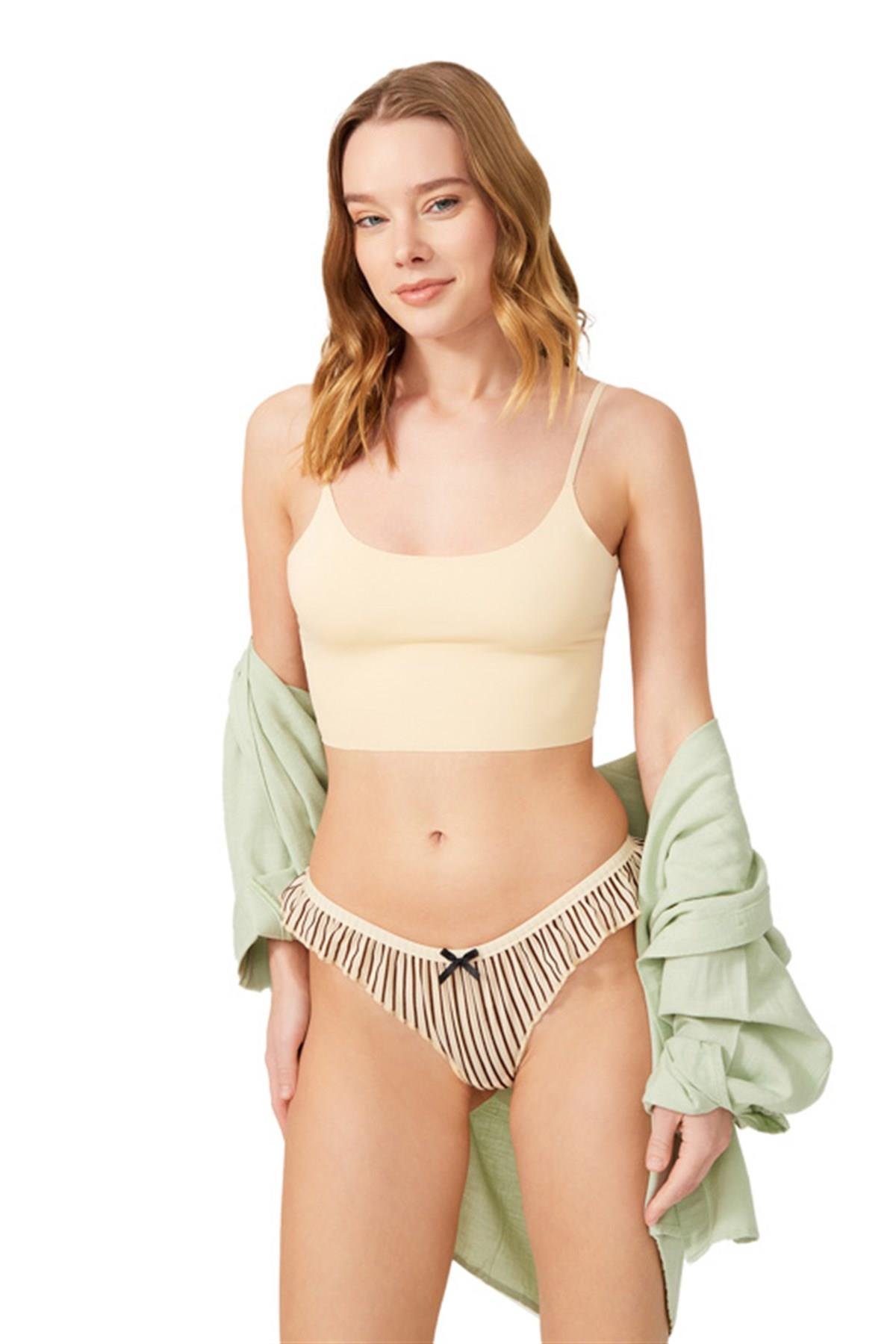 Pleated Transparent Tulle Women Thong with Velvet Stripes CH6079