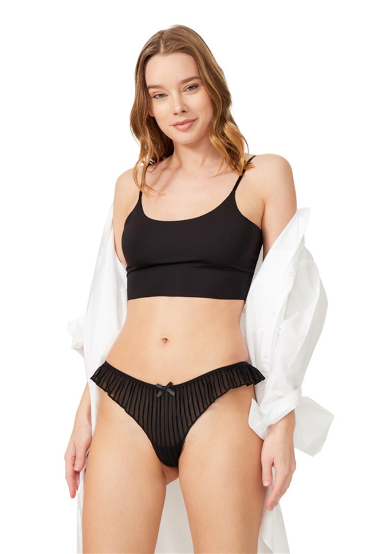 Pleated Transparent Tulle Women Thong with Velvet Stripes CH6079