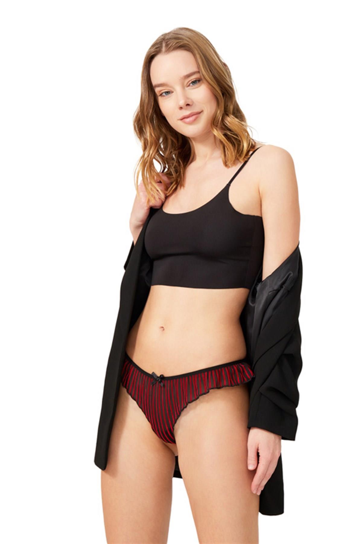 Pleated Transparent Tulle Women Thong with Velvet Stripes CH6079