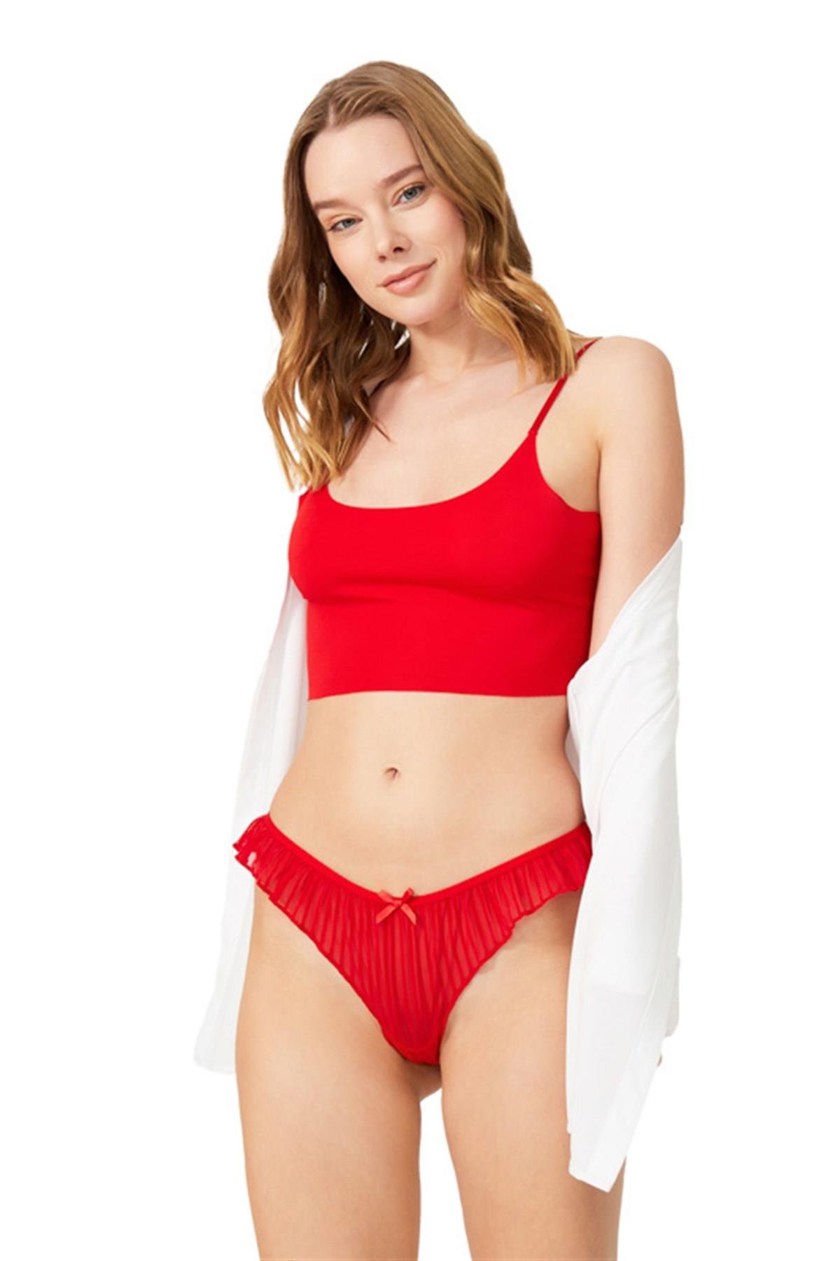 Pleated Transparent Tulle Women Thong with Velvet Stripes CH6079