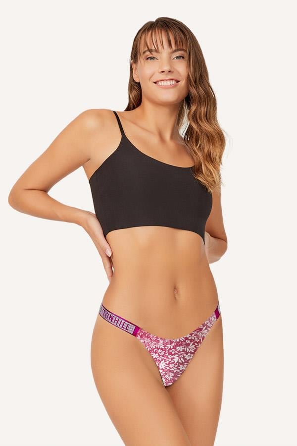 Cream Color Flower Patterned Laser Cut Women Thong CH6104