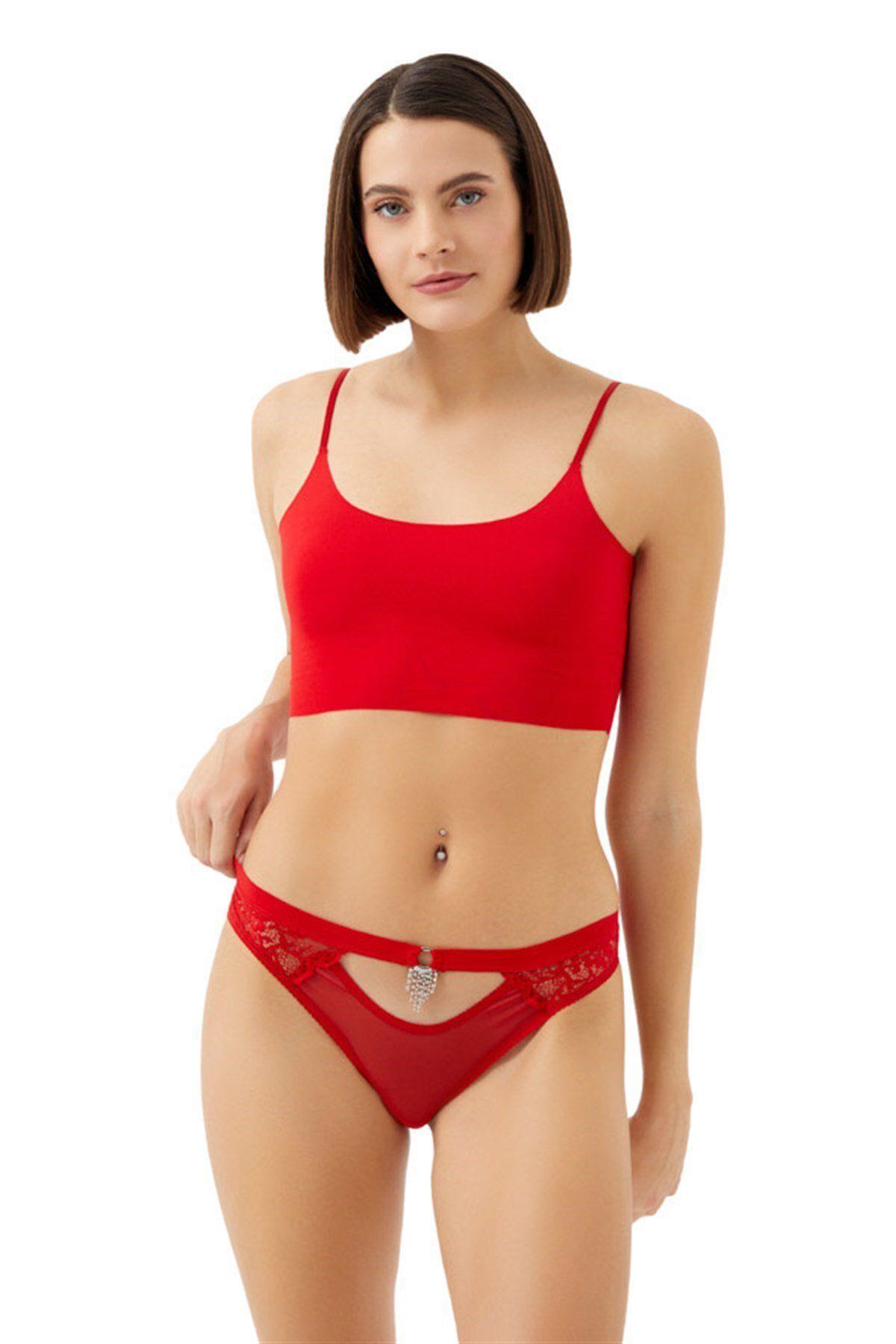 Transparent Tulle, Lace and Rhinestone Detailed Brazilian Cut Women Panty CH6121