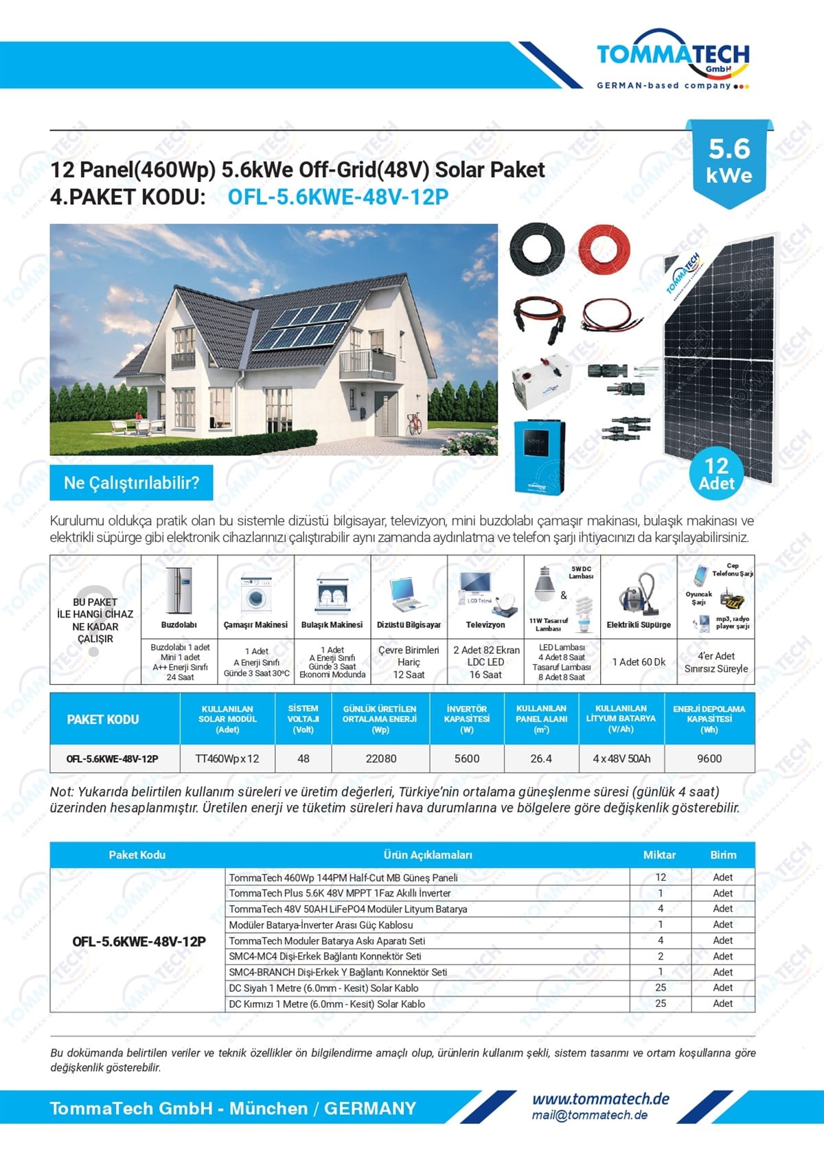 12 Panel(460Wp) 5.6KWE Off-Grid(48V) Solar Paket