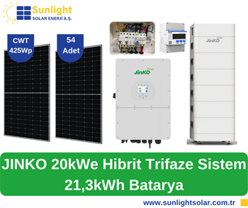 Sunlight 54 Panelli (425Wp), Jinko 20kWe Hibrit Trifaze Sistem-21,3kWh Batarya (Öztüketim)