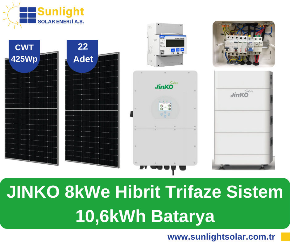 Sunlight 22 Panelli (425Wp), Jinko 8kWe Hibrit Trifaze Sistem-10,6kWh Batarya (Öztüketim)
