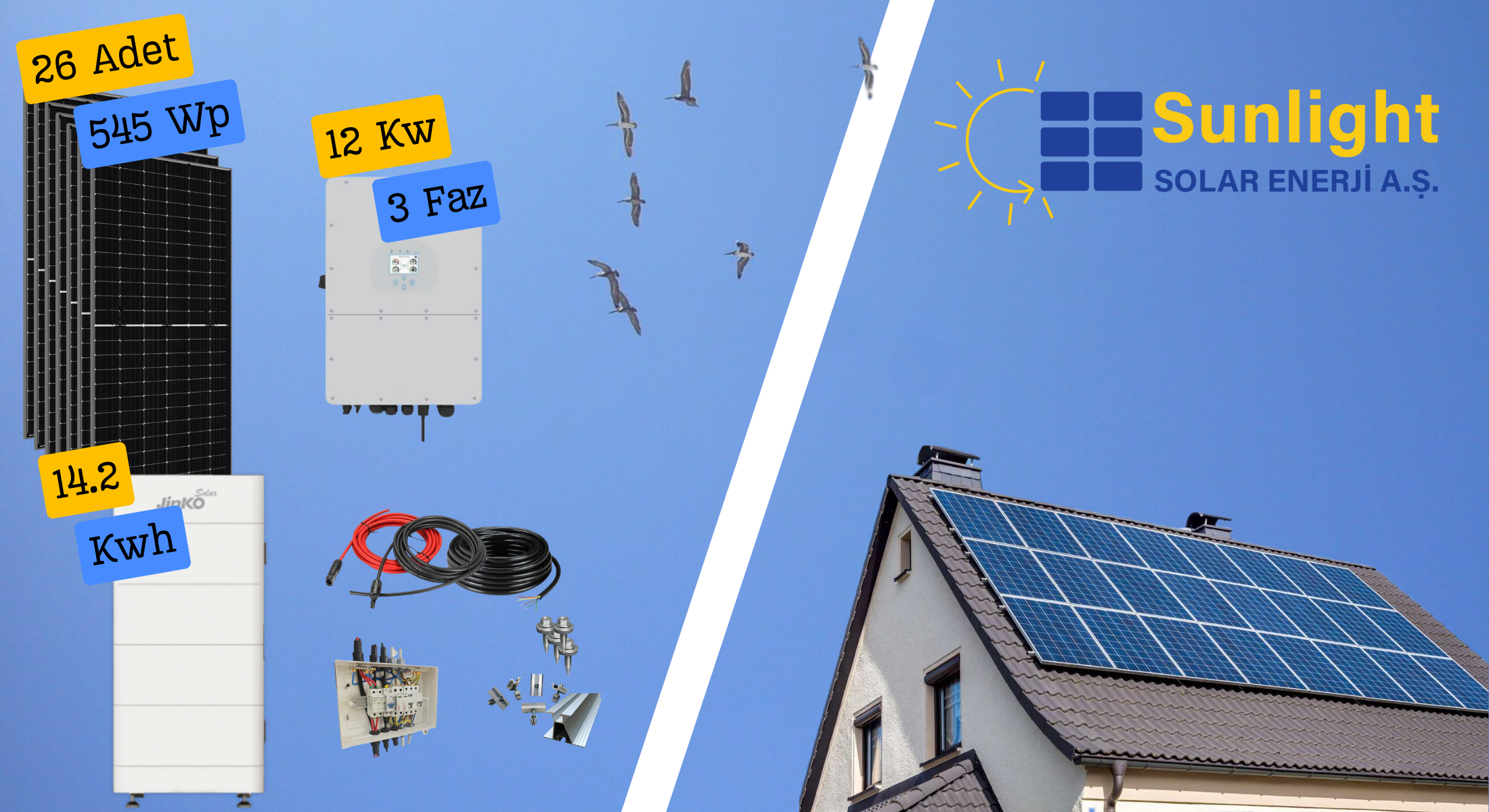 Sunlight 26 Panelli (545Wp), Jinko 12kWe14,21kWh Hibrit Trifaze Sistem (Öztüketim)Jinko Hibrit Solar PaketlerSunlight Solar{TEDARIKCI
