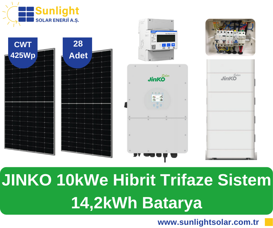 Sunlight 28 Panelli (425Wp), Jinko 10kWe Hibrit Trifaze Sistem-14,2kWh Batarya (Öztüketim)