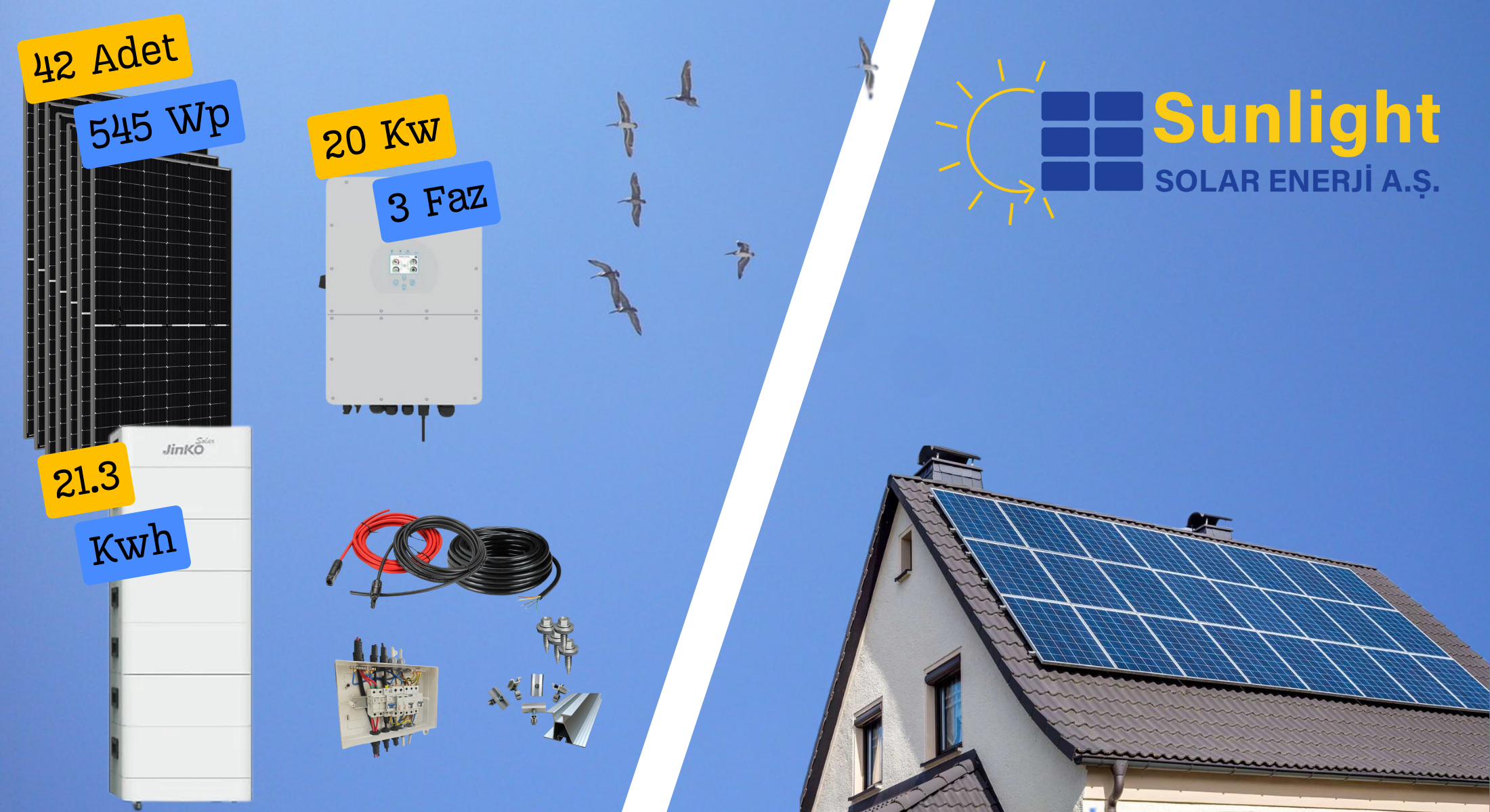 Sunlight 42 Panelli (545Wp), Jinko 20kWe21,31kWh Hibrit Trifaze Sistem (Öztüketim)Jinko Hibrit Solar PaketlerSunlight Solar{TEDARIKCI