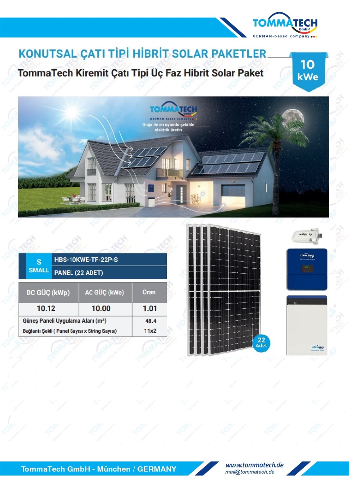 TommaTech 10kWe Kiremit Çatı Üç Faz Hibrit Solar Paket