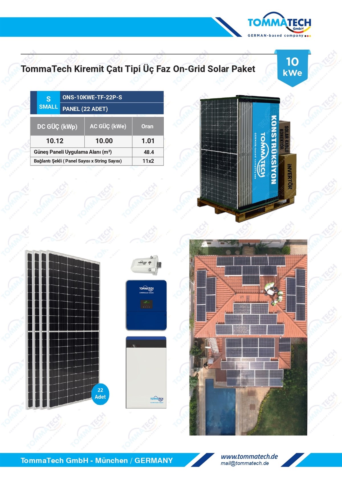 TommaTech 10kWe Kiremit Çatı Üç Faz On-Grid Solar Paket