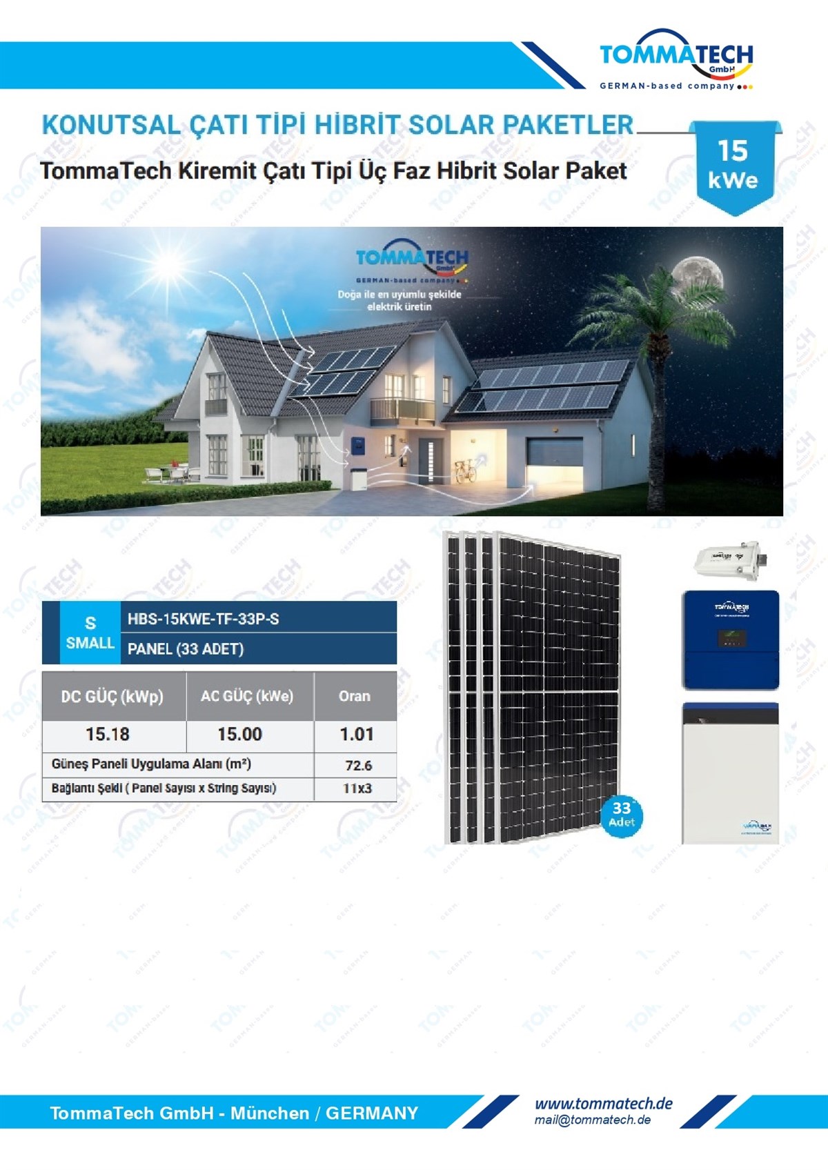TommaTech 15kWe Kiremit Çatı Üç Faz Hibrit Solar Paket