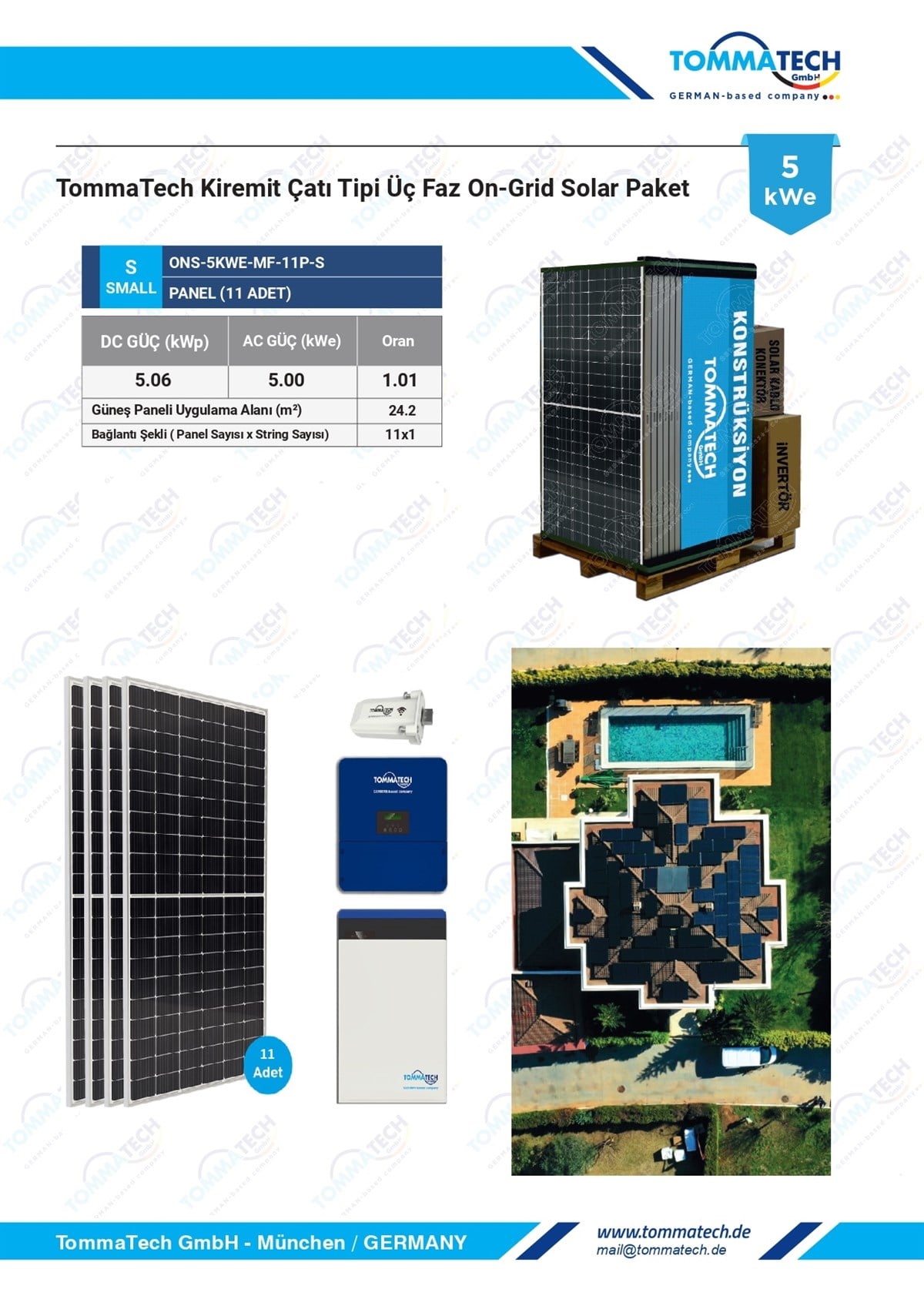 TommaTech 5kWe Kiremit Çatı Üç Faz On-Grid Solar Paket