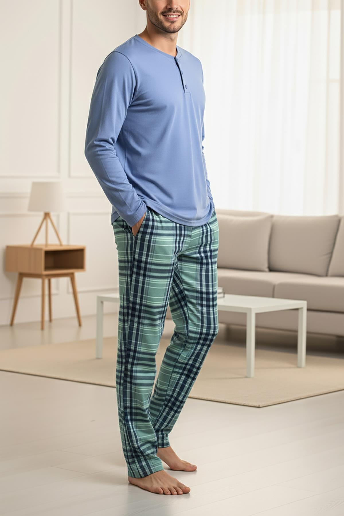 Erkek İndigo Patlı Düğmeli Pijama Takımı 15302