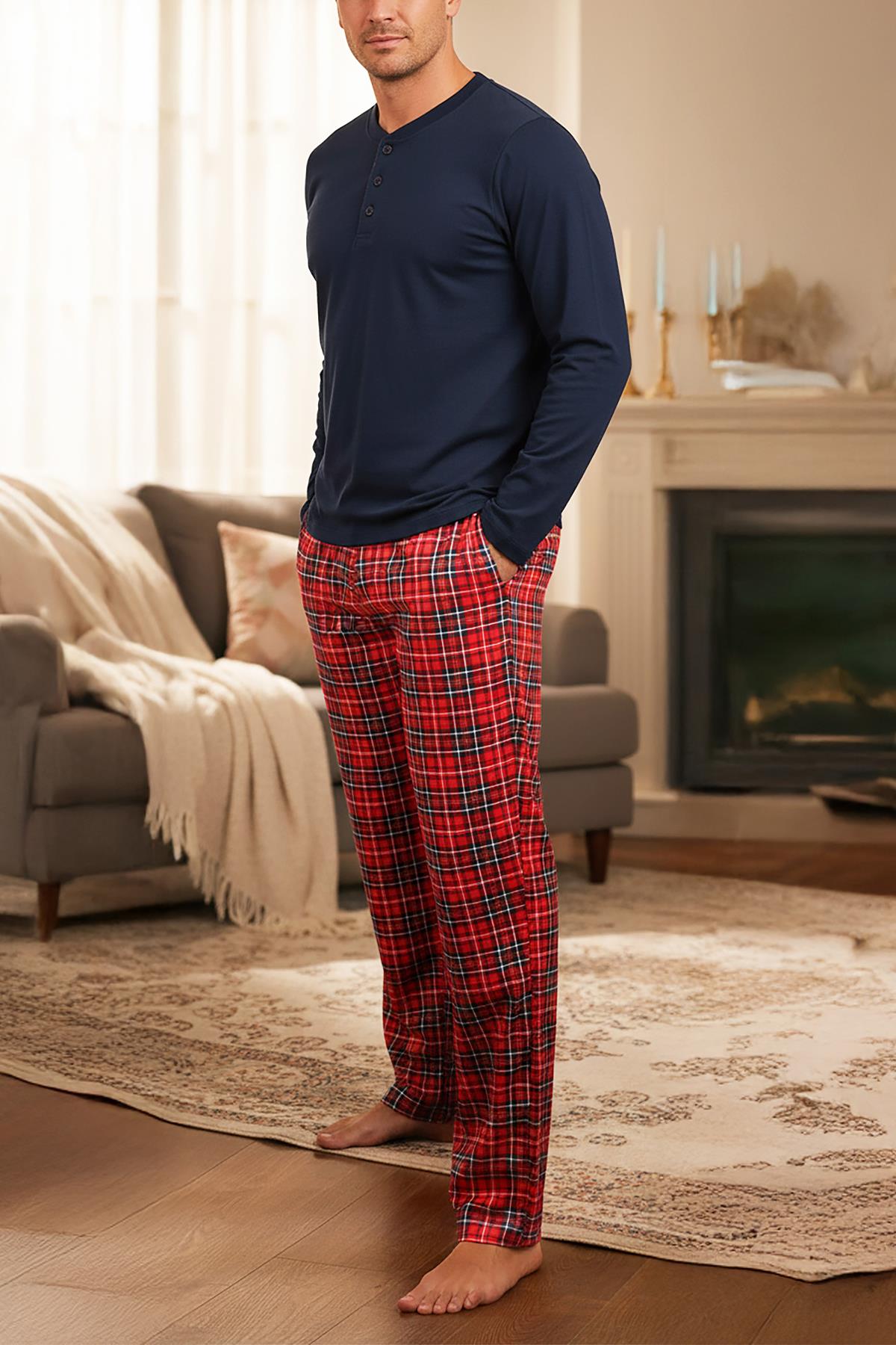 Erkek Lacivert Patlı Düğmeli Pijama Takımı 15303