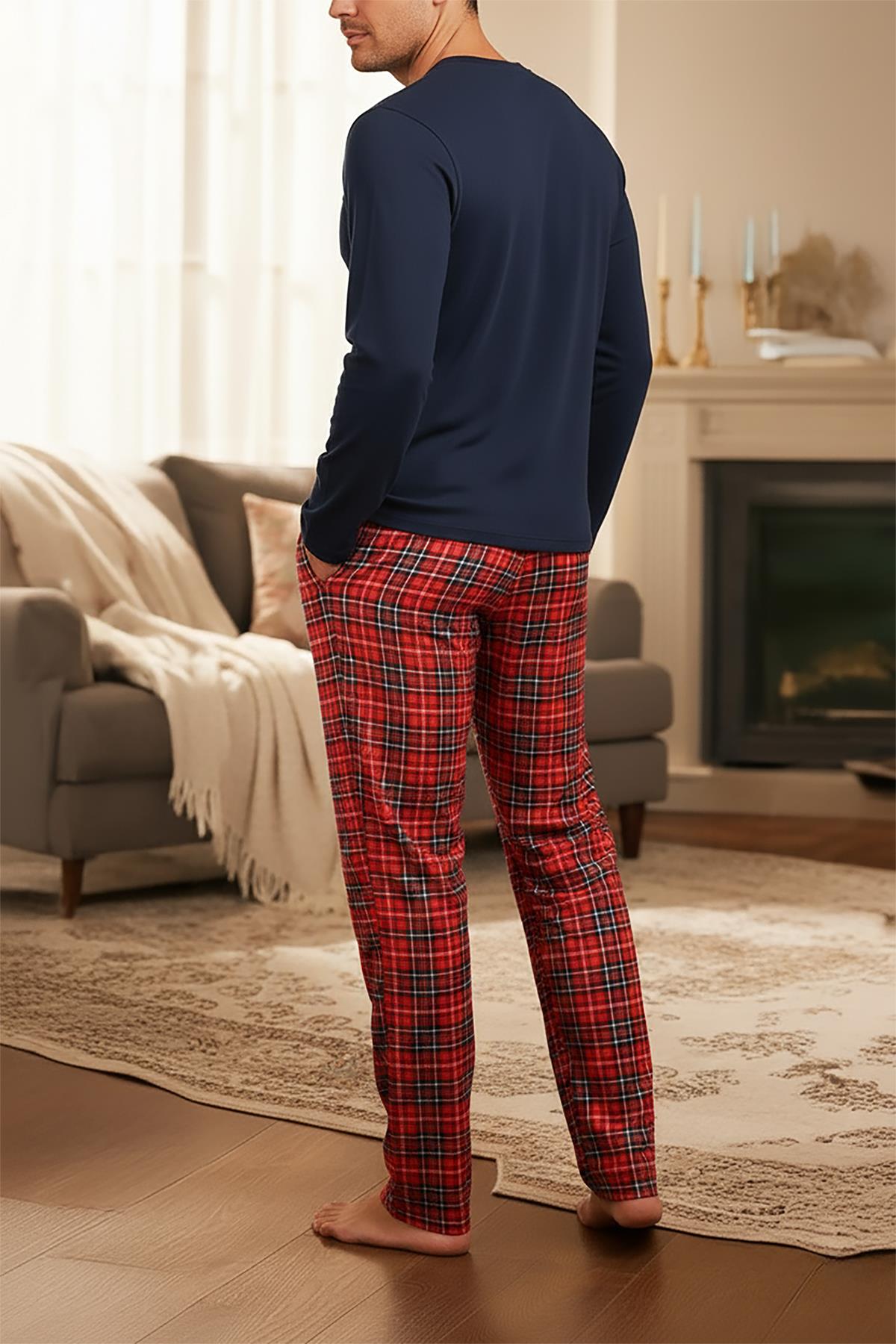 Erkek Lacivert Patlı Düğmeli Pijama Takımı 15303