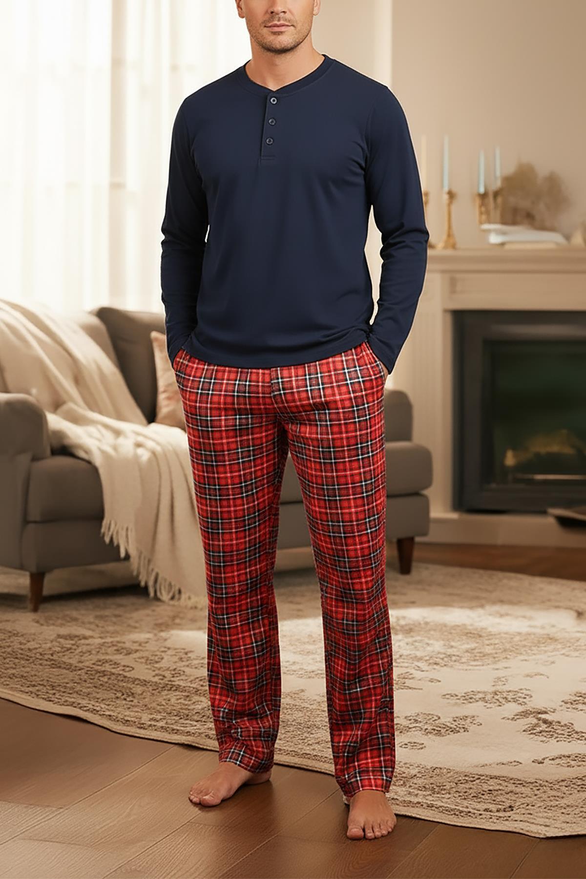 Erkek Lacivert Patlı Düğmeli Pijama Takımı 15303