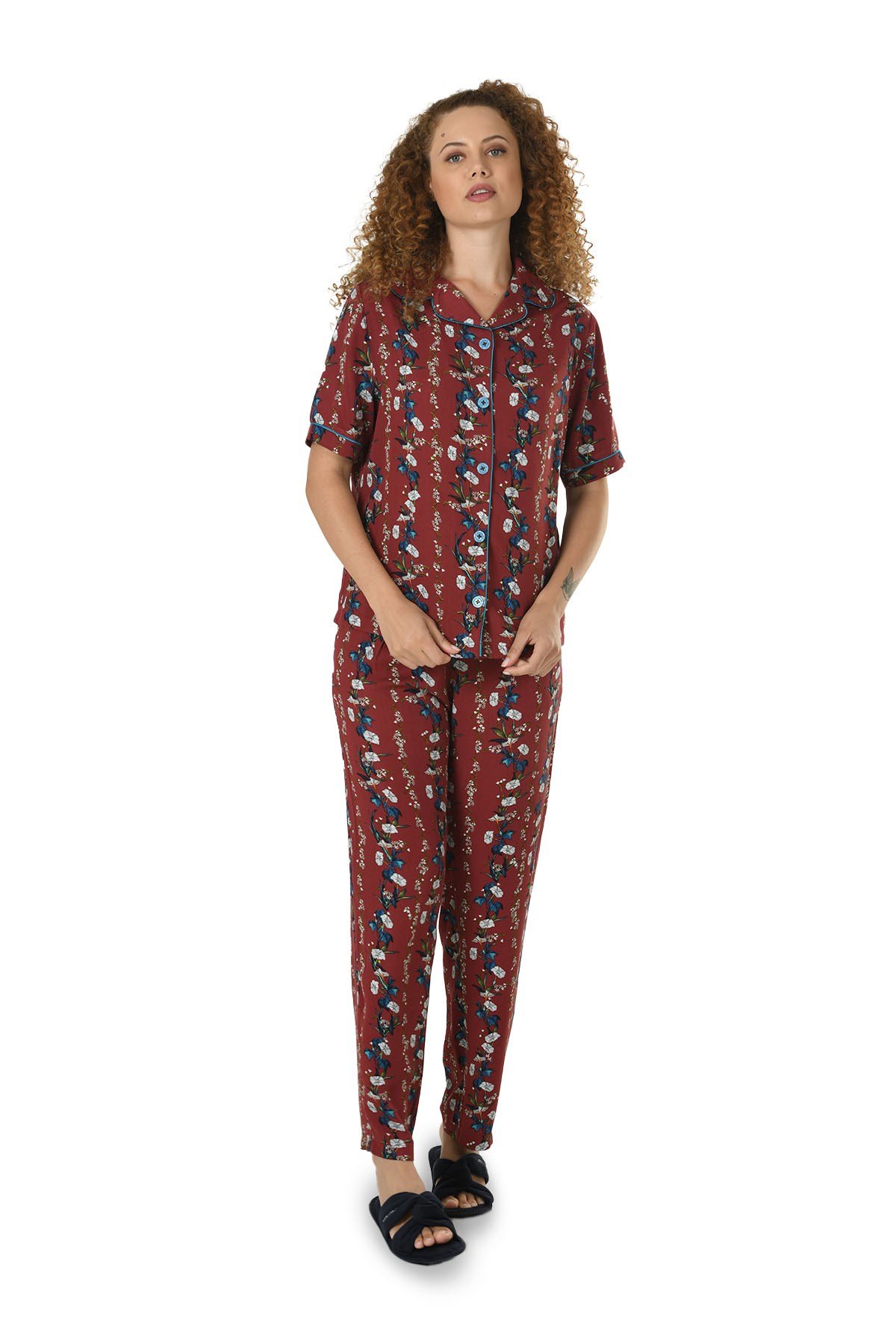 Kadın Bordo Dokuma Düğmeli Ceket Yaka Pijama Takımı 10136