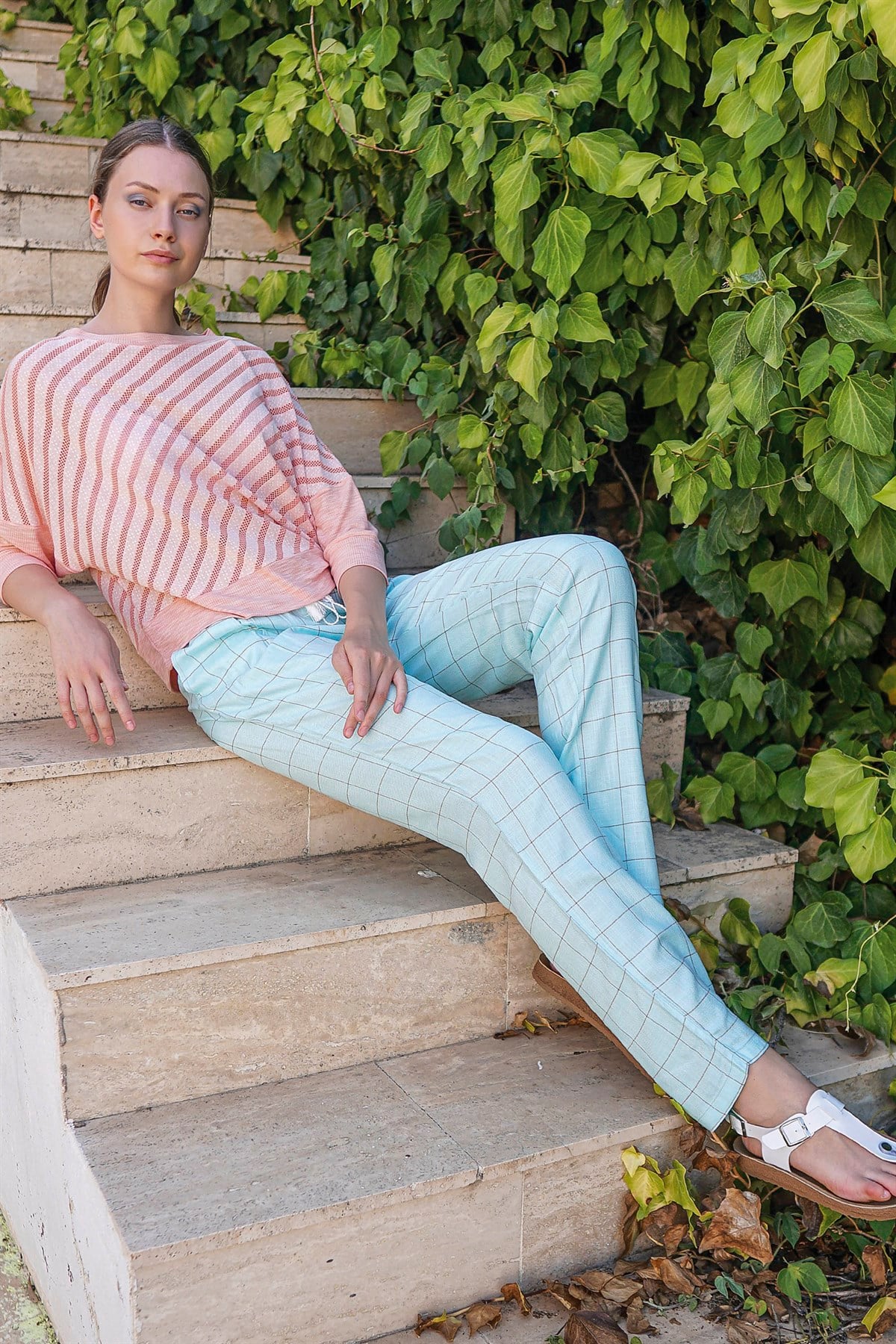 Kadın Pembe Çizgili  Pijama Takımı 10039