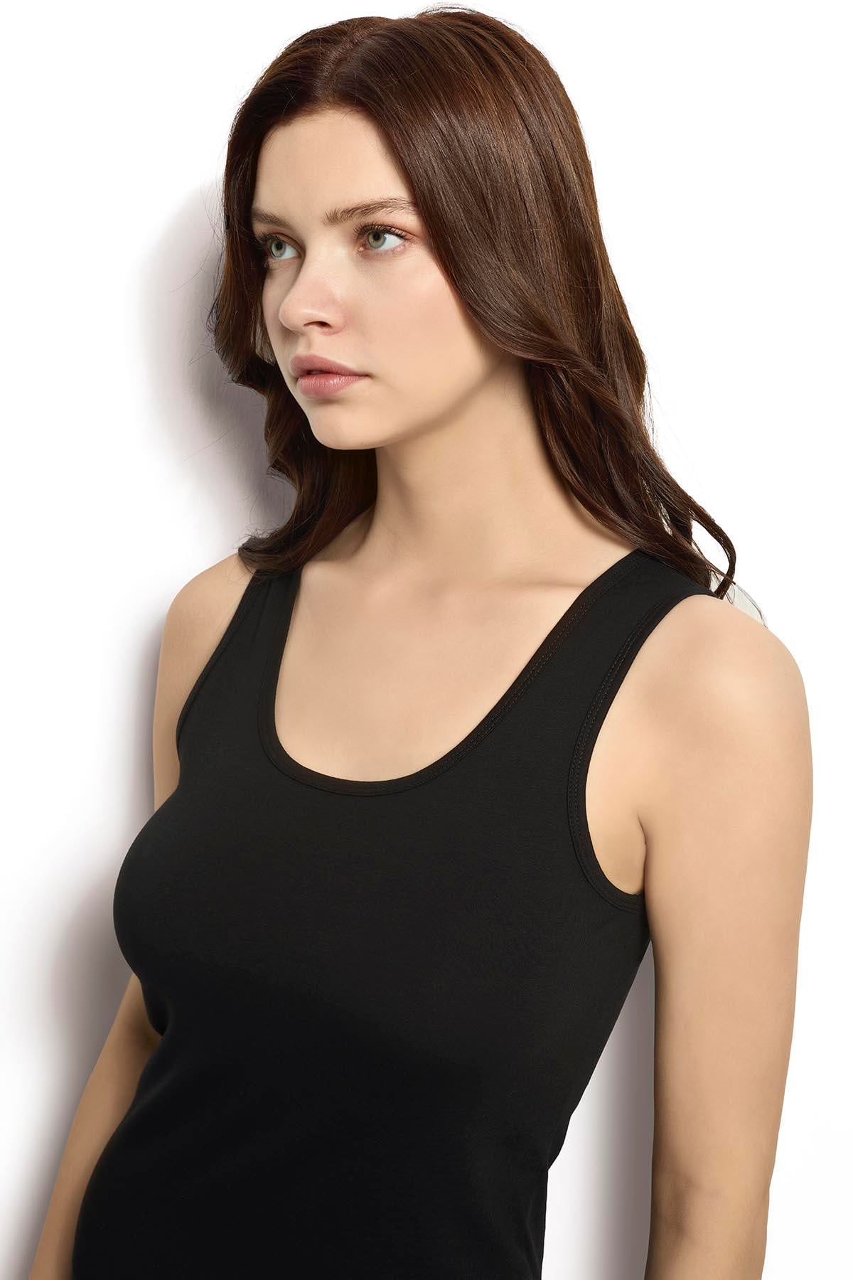 Kadın Siyah Pamuklu Likralı  Atlet 549