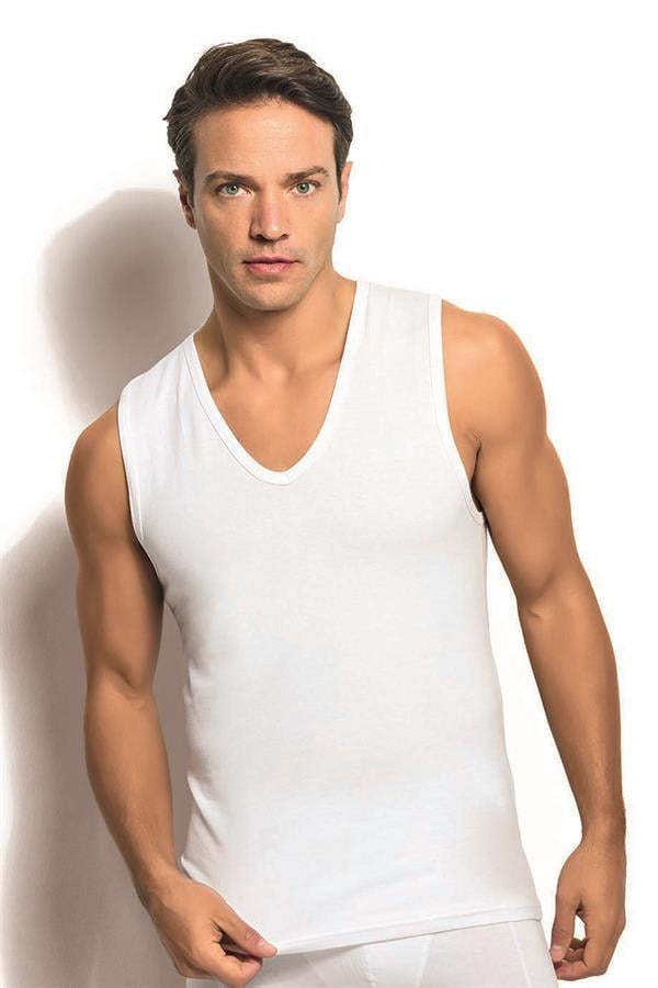 Erkek Beyaz Pamuklu Likralı V Yaka Atlet 117