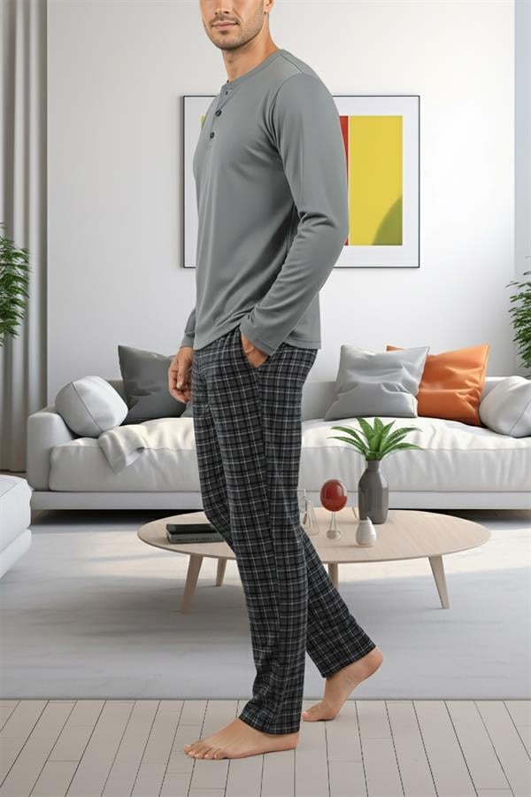 Erkek Füme Patlı Düğmeli Pijama Takımı 15305 Füme  JBR15305.00001