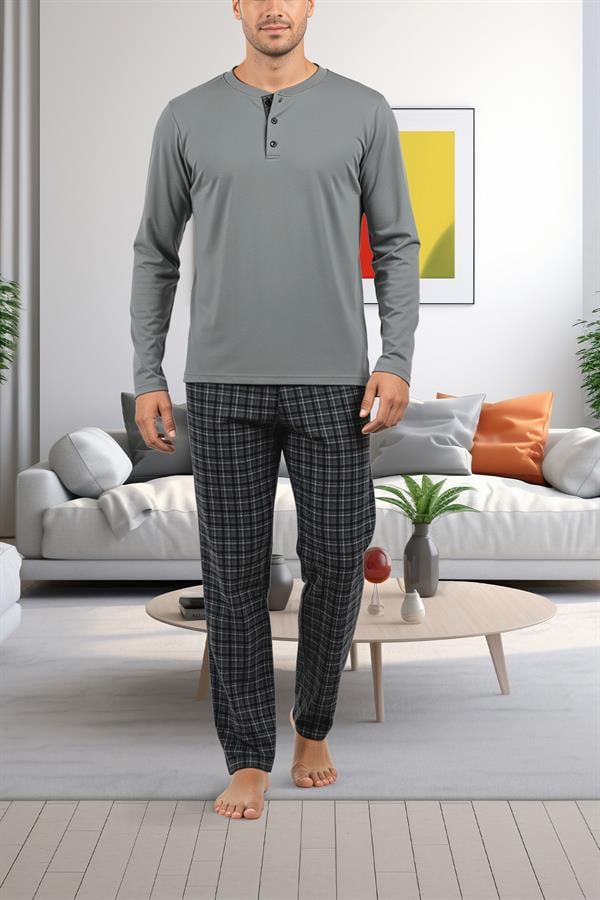 Erkek Füme Patlı Düğmeli Pijama Takımı 15305 Füme  JBR15305.00001