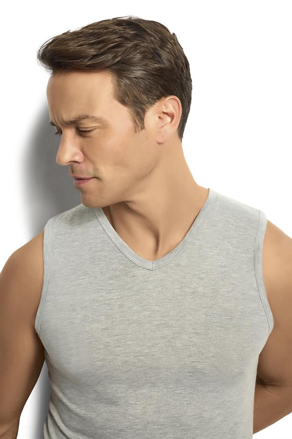Erkek Gri Melanj Pamuklu V Yaka Atlet 115