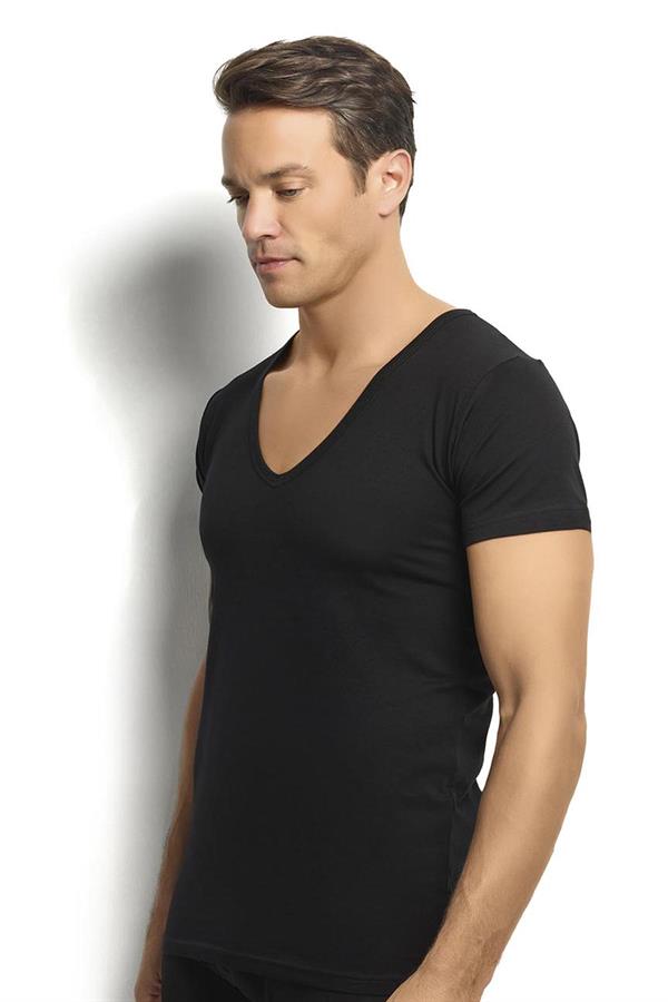 Erkek Siyah Pamuklu Likralı V Yaka Fanila  213