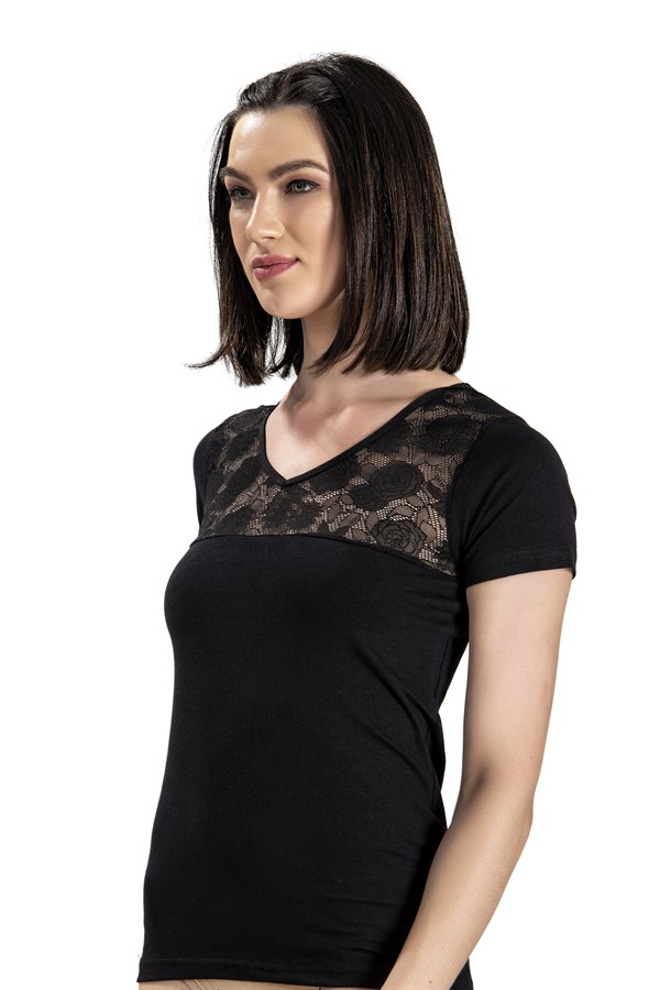 Kadın Siyah Pamuklu Likralı V Yaka Yarım Kol Fanila 538