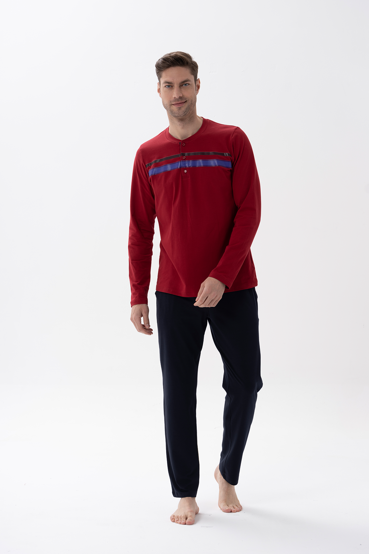 Erkek Bordo  Düğmeli Pijama Takımı 15158  