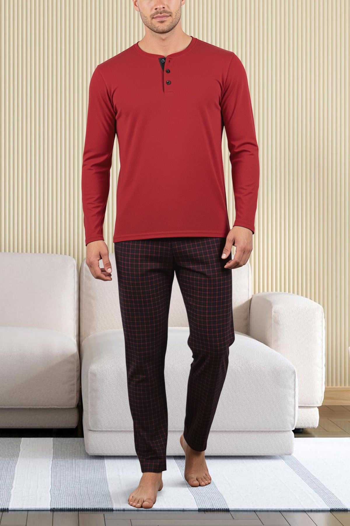 Erkek Bordo Patlı Düğmeli Pijama Takımı 15301