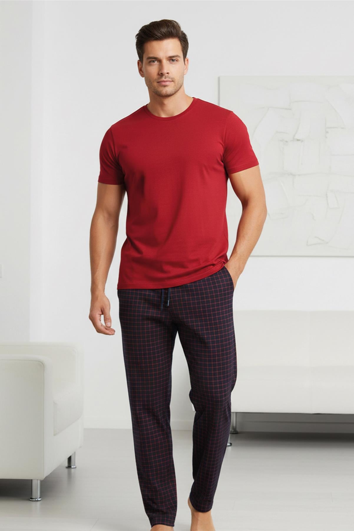 Erkek Sıfır Yaka Kısa Kollu Pijama Takımı 15329 Bordo  JBR15329.00001