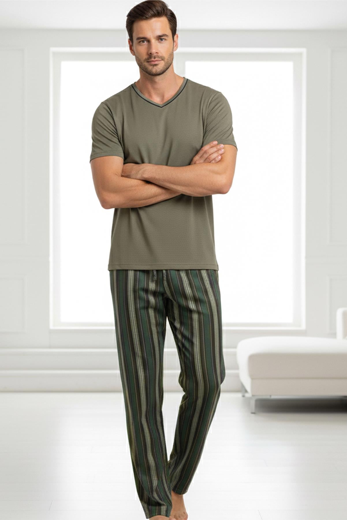 Erkek V Yaka Kısa Kol Pijama Takımı 15331 Haki  JBR15331.00001