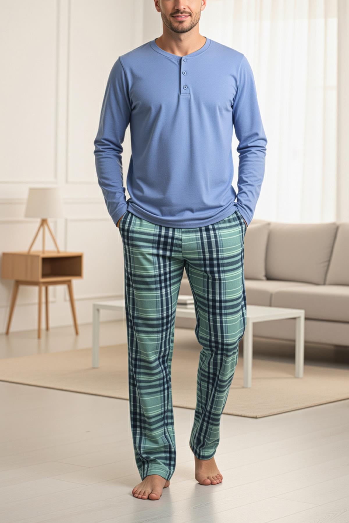 Erkek İndigo Patlı Düğmeli Pijama Takımı 15302