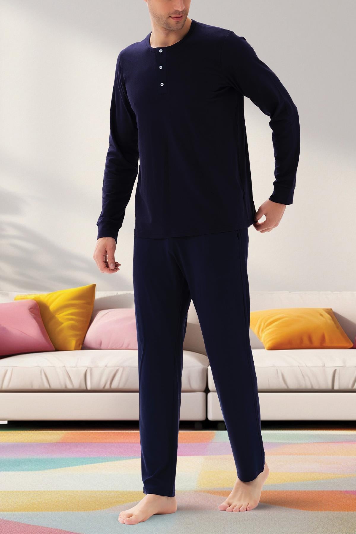 Erkek Lacivert Patlı Düğmeli Pijama Takımı 15313