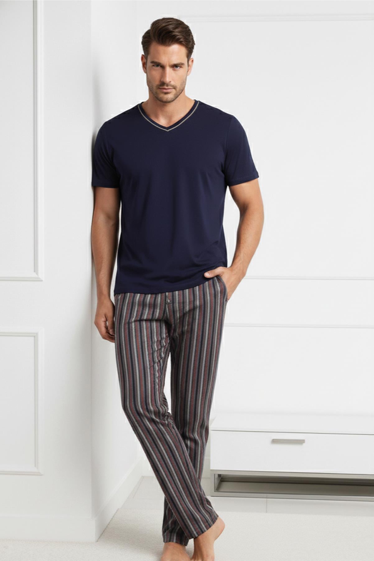Erkek V Yaka Kısa Kol Pijama Takımı 15332 Lacivert  JBR15332.00001