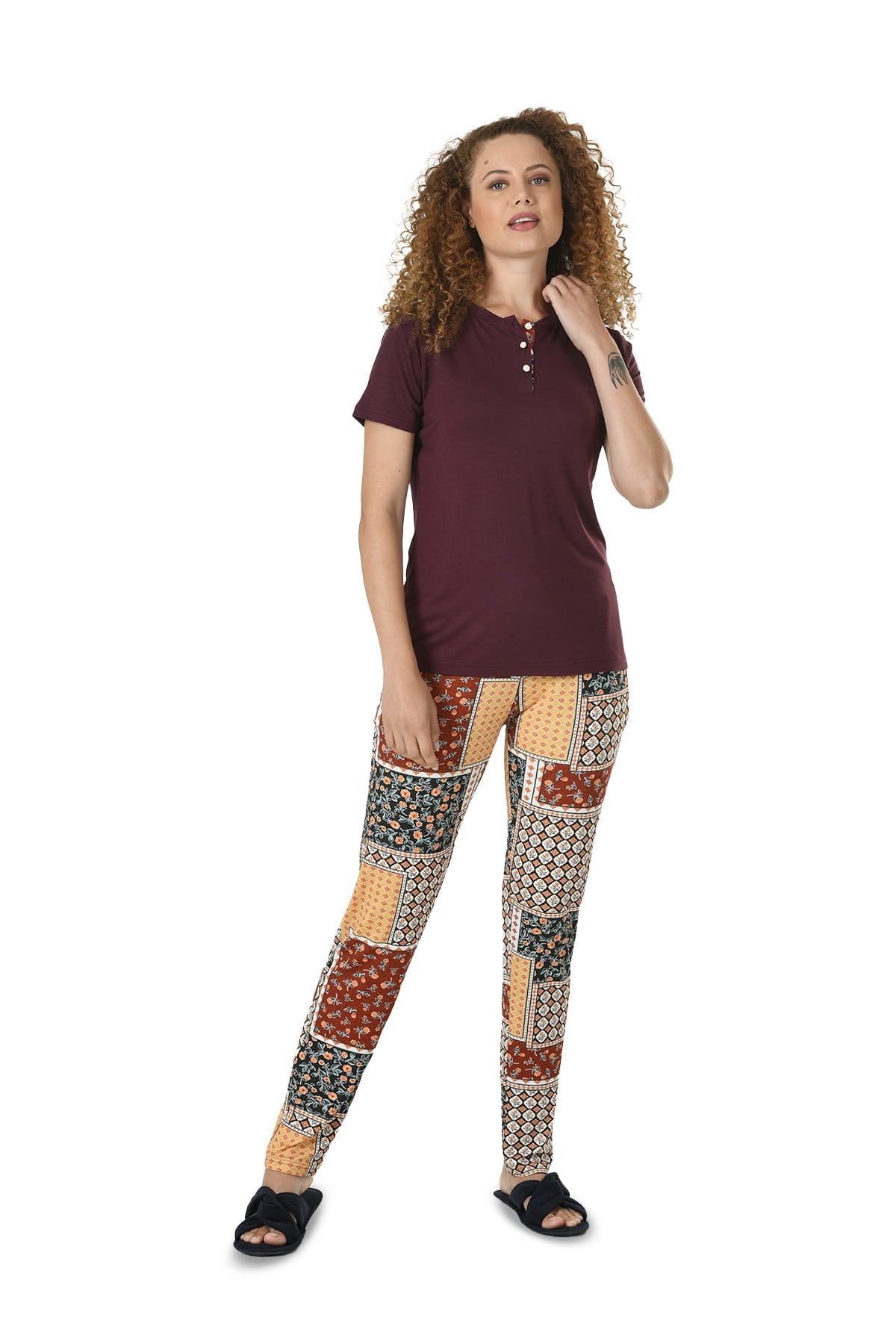 Kadın Bordo Yarım Kol Patlı Baskılı Viskon Pijama Takımı 10144