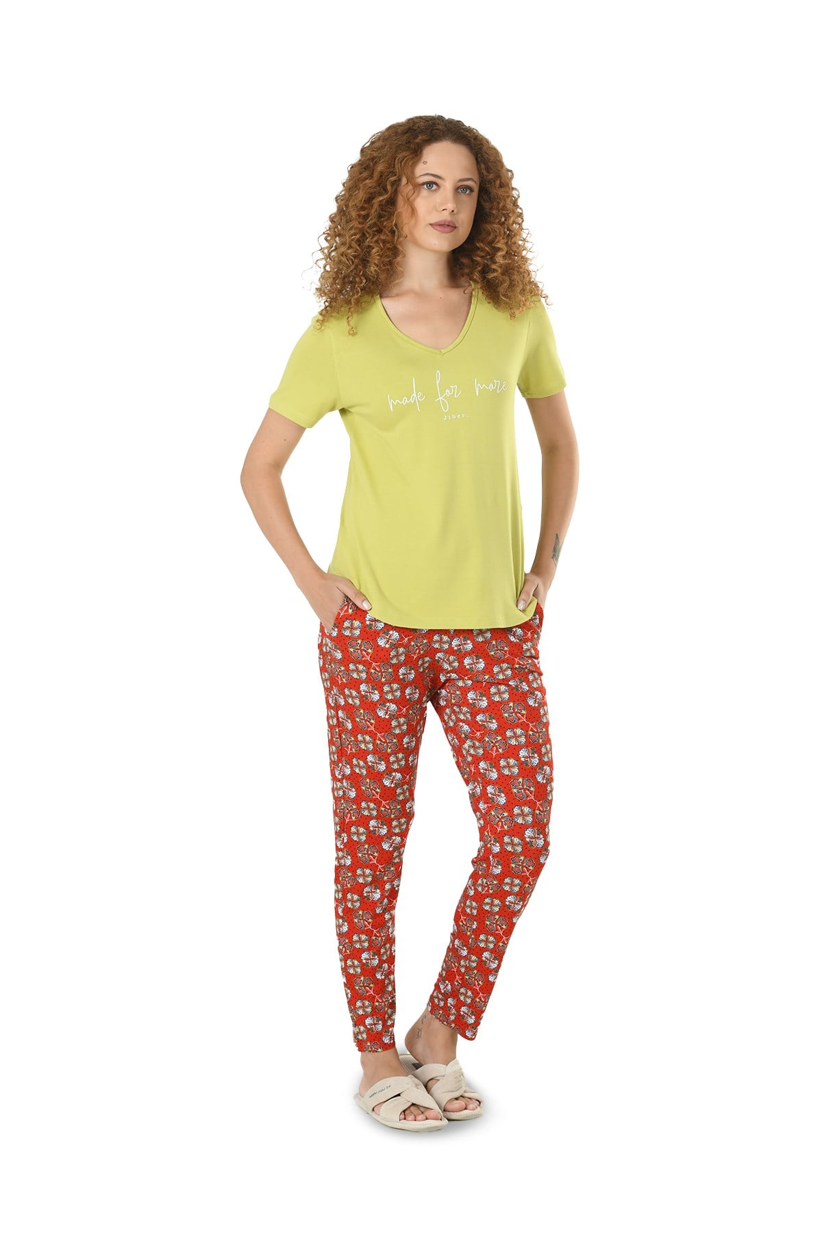 Kadın Fıstık Yeşili Baskılı Yarım Kol Viskon Pijama Takımı 10124