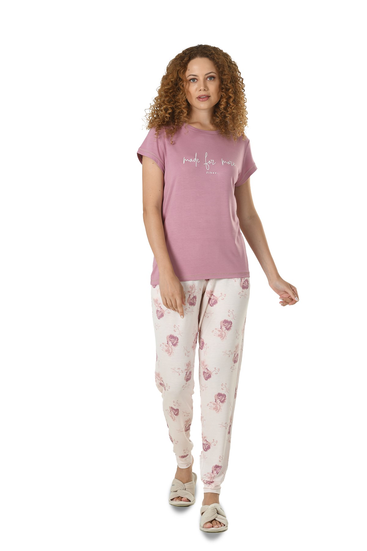 Kadın Gül Kurusu Baskılı Yarım Kol Viskon Pijama Takımı 10121